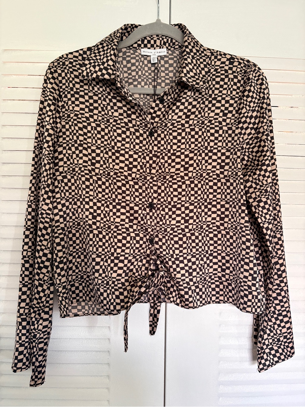 Maison d'Amelie NWT Psychedelic Checkered Tie Front Crop Blouse S Black Tan